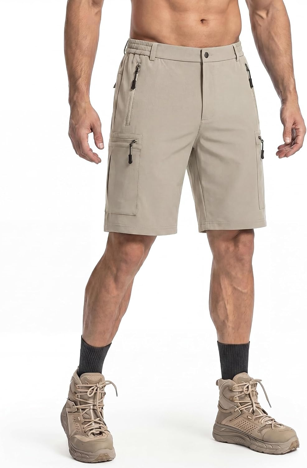 image:imageCOOFANDY Mens Hiking Cargo Shorts 9 Lightweight Short with Zipper Pockets 5 Zipper Pockets Lightweight Quick Dry Breathable Stretch Fabric Hiking Camping Climbing Work Elastic Waist Spring SummerLight Khaki