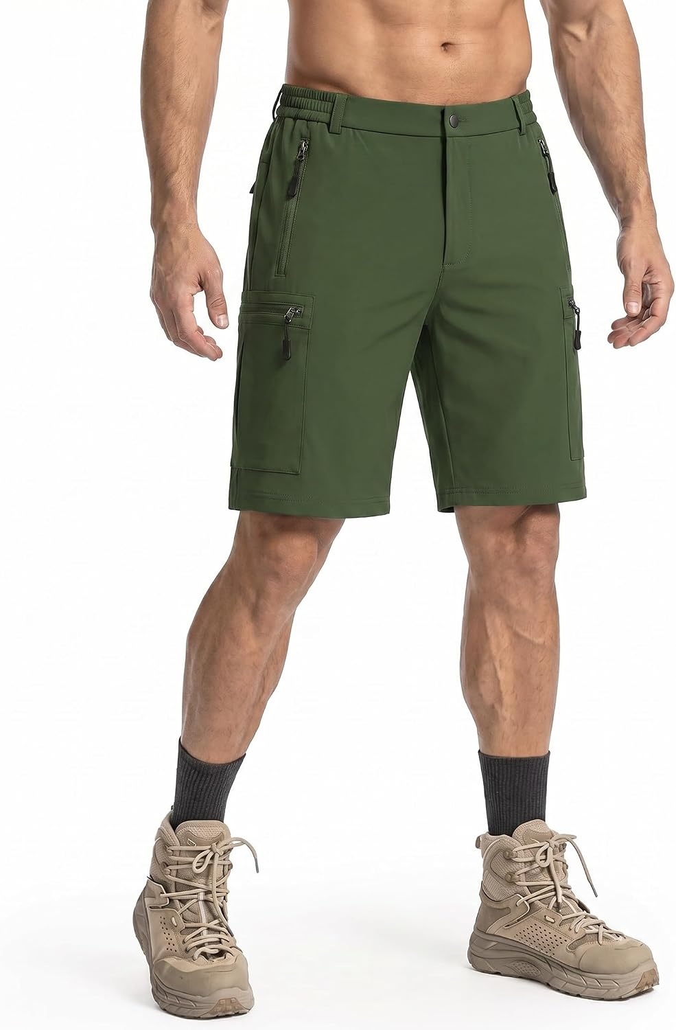 image:imageCOOFANDY Mens Hiking Cargo Shorts 9 Lightweight Short with Zipper Pockets 5 Zipper Pockets Lightweight Quick Dry Breathable Stretch Fabric Hiking Camping Climbing Work Elastic Waist Spring SummerGreen