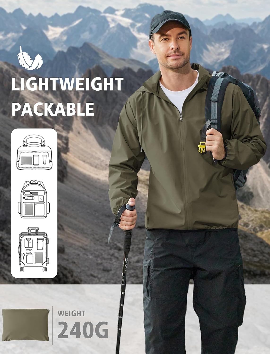 image:imageCOOFANDY Mens Light Rain Jacket Packable Waterproof Raincoat Windbreaker Portable Rain Coat with Hood Hidden Zipper Rainproof Hoodie Rain Gear For Golf Travel Hiking Cycling Outdoor ActivitiesArmy Green
