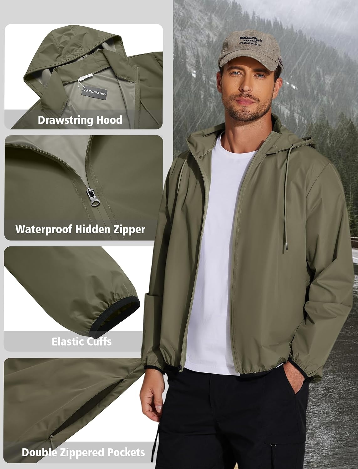 image:imageCOOFANDY Mens Light Rain Jacket Packable Waterproof Raincoat Windbreaker Portable Rain Coat with Hood Hidden Zipper Rainproof Hoodie Rain Gear For Golf Travel Hiking Cycling Outdoor ActivitiesArmy Green