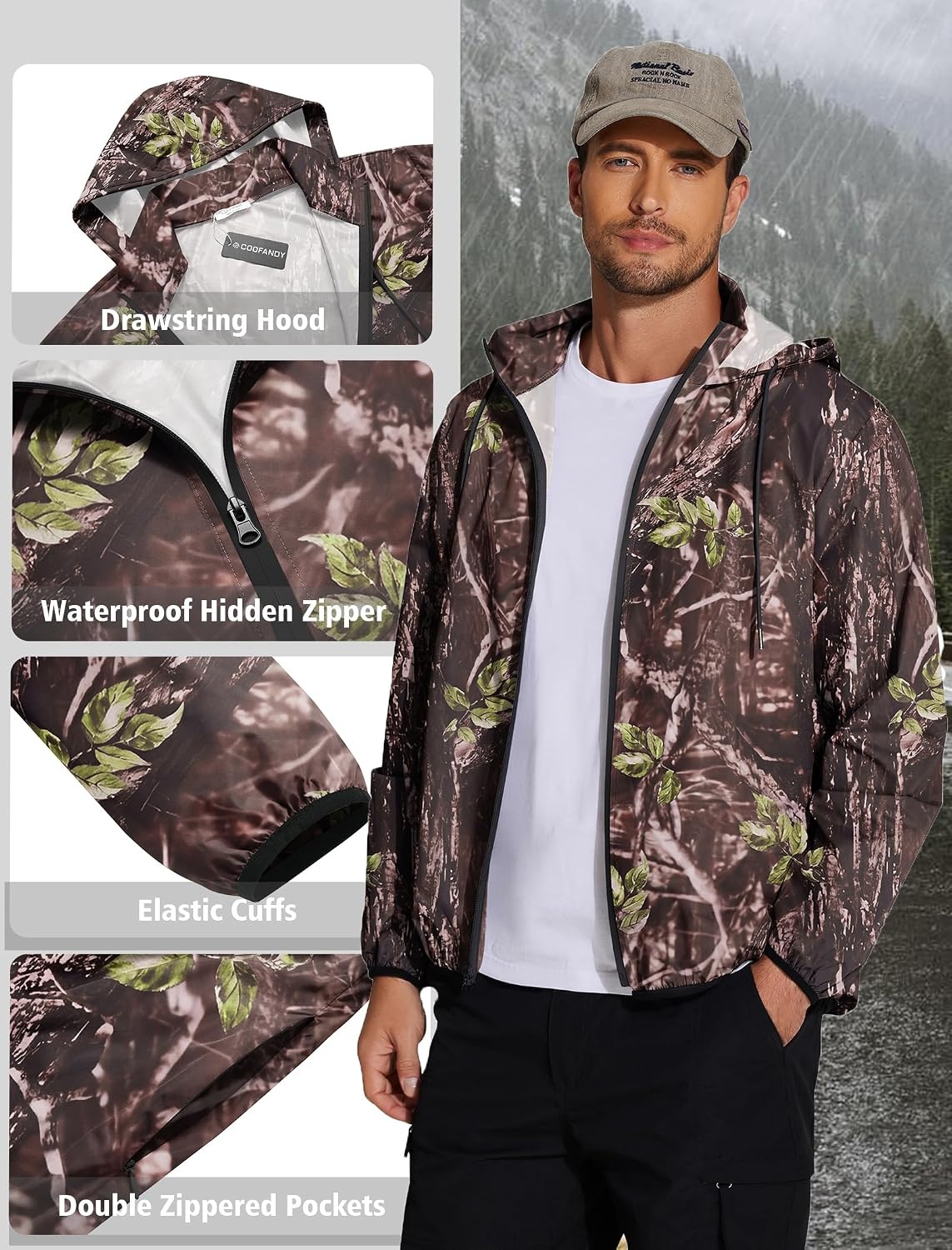 image:imageCOOFANDY Mens Light Rain Jacket Packable Waterproof Raincoat Windbreaker Portable Rain Coat with Hood Hidden Zipper Rainproof Hoodie Rain Gear For Golf Travel Hiking Cycling Outdoor ActivitiesCamo Woodland