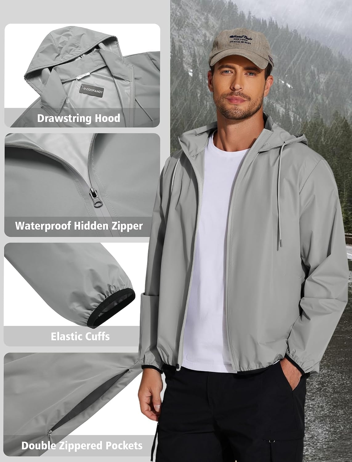 image:imageCOOFANDY Mens Light Rain Jacket Packable Waterproof Raincoat Windbreaker Portable Rain Coat with Hood Hidden Zipper Rainproof Hoodie Rain Gear For Golf Travel Hiking Cycling Outdoor ActivitiesGray