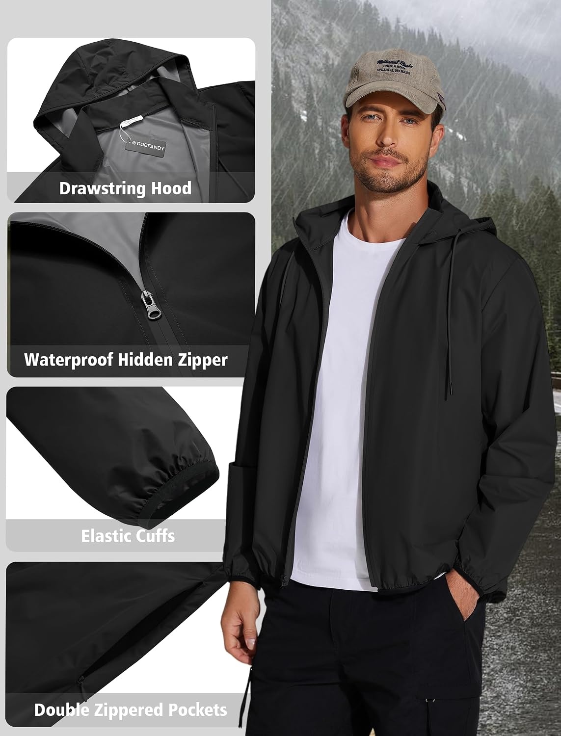 image:imageCOOFANDY Mens Light Rain Jacket Packable Waterproof Raincoat Windbreaker Portable Rain Coat with Hood Hidden Zipper Rainproof Hoodie Rain Gear For Golf Travel Hiking Cycling Outdoor ActivitiesSolid Black
