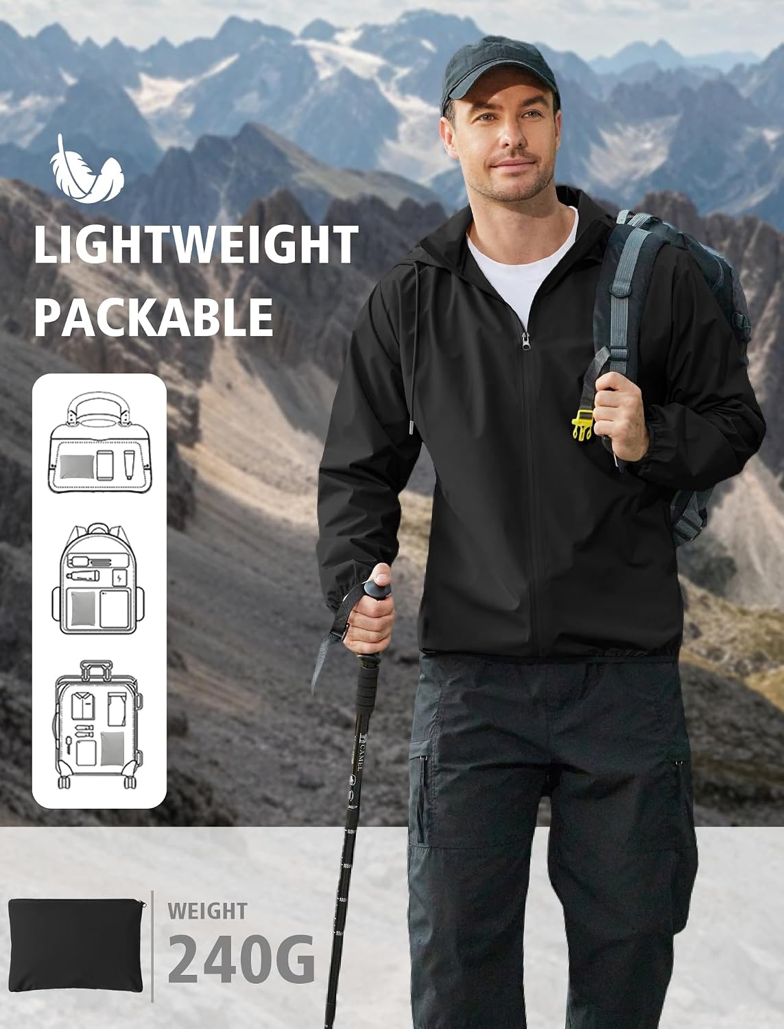 image:imageCOOFANDY Mens Light Rain Jacket Packable Waterproof Raincoat Windbreaker Portable Rain Coat with Hood Hidden Zipper Rainproof Hoodie Rain Gear For Golf Travel Hiking Cycling Outdoor ActivitiesSolid Black