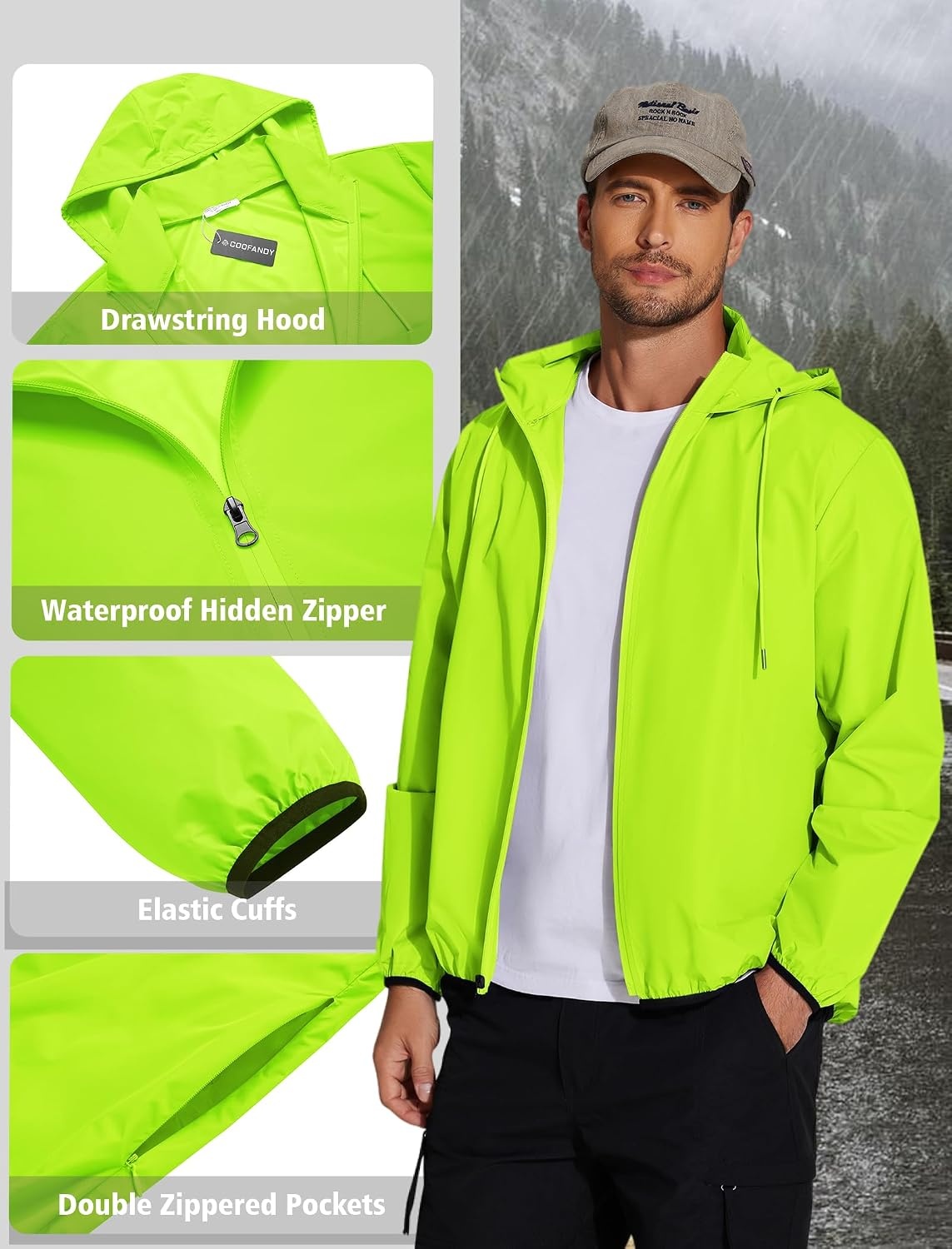 image:imageCOOFANDY Mens Light Rain Jacket Packable Waterproof Raincoat Windbreaker Portable Rain Coat with Hood Hidden Zipper Rainproof Hoodie Rain Gear For Golf Travel Hiking Cycling Outdoor ActivitiesGreen