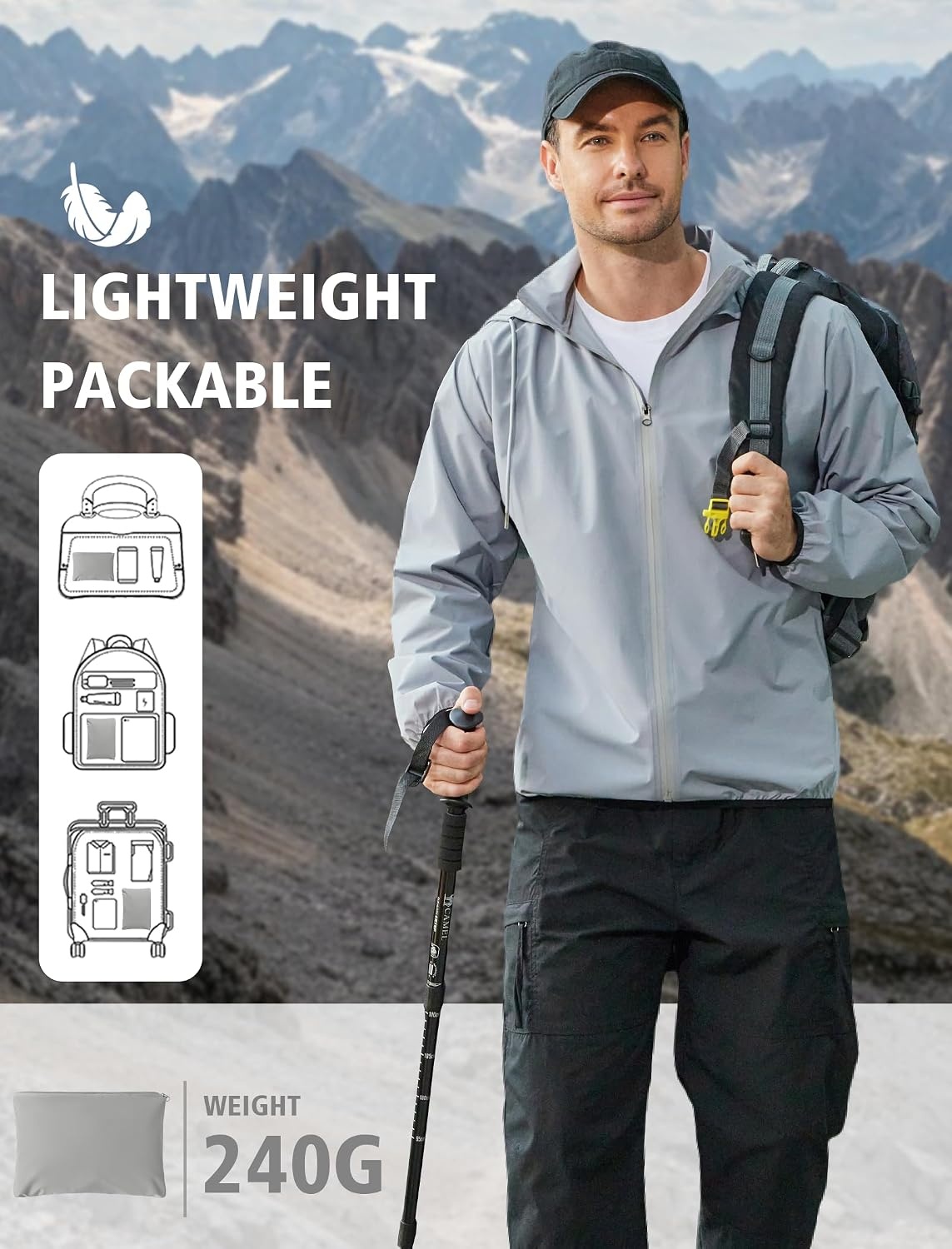 image:imageCOOFANDY Mens Light Rain Jacket Packable Waterproof Raincoat Windbreaker Portable Rain Coat with Hood Hidden Zipper Rainproof Hoodie Rain Gear For Golf Travel Hiking Cycling Outdoor ActivitiesGray