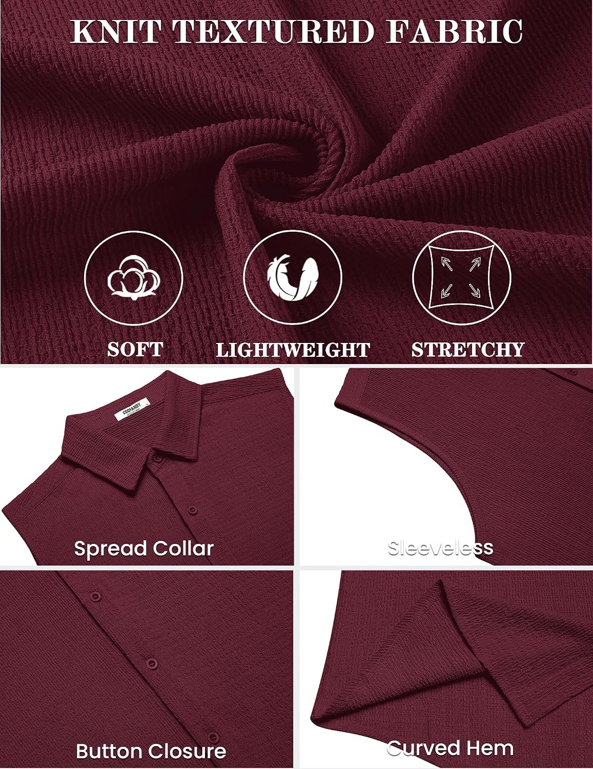 image:imageCOOFANDY Mens Summer Sleeveless Shirts Beach Knit Tank Top Button Up Tops Knitted and Stretchy Textured Fabric Breathable Tank Shirt For Casual Vacation Cruise Fashion Dress Cut Off ShirtsWine Red