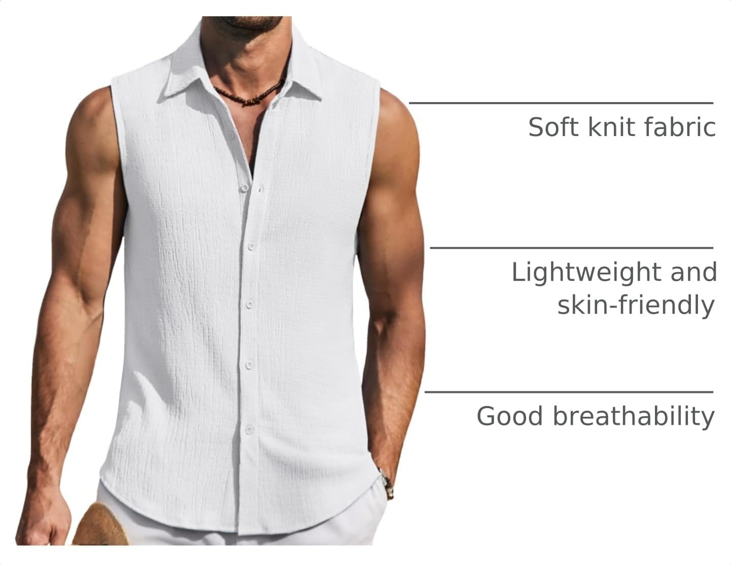 image:imageCOOFANDY Mens Summer Sleeveless Shirts Beach Knit Tank Top Button Up Tops Knitted and Stretchy Textured Fabric Breathable Tank Shirt For Casual Vacation Cruise Fashion Dress Cut Off ShirtsWhite