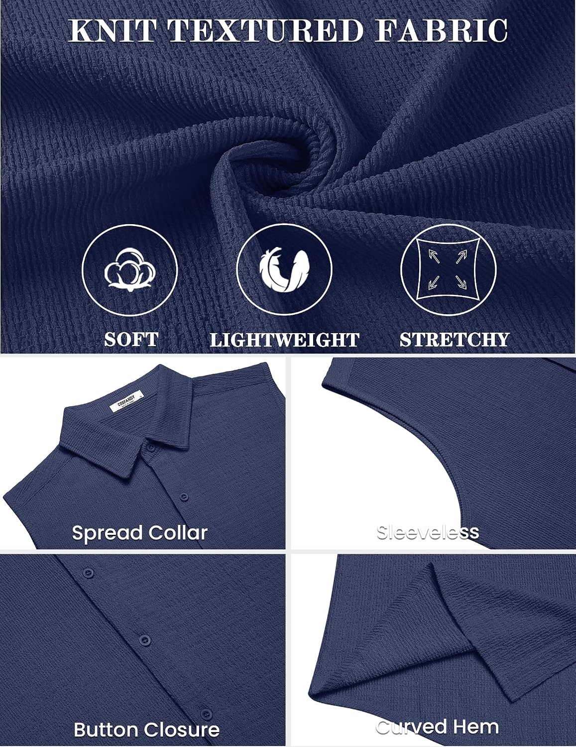 image:imageCOOFANDY Mens Summer Sleeveless Shirts Beach Knit Tank Top Button Up Tops Knitted and Stretchy Textured Fabric Breathable Tank Shirt For Casual Vacation Cruise Fashion Dress Cut Off ShirtsNavy Blue