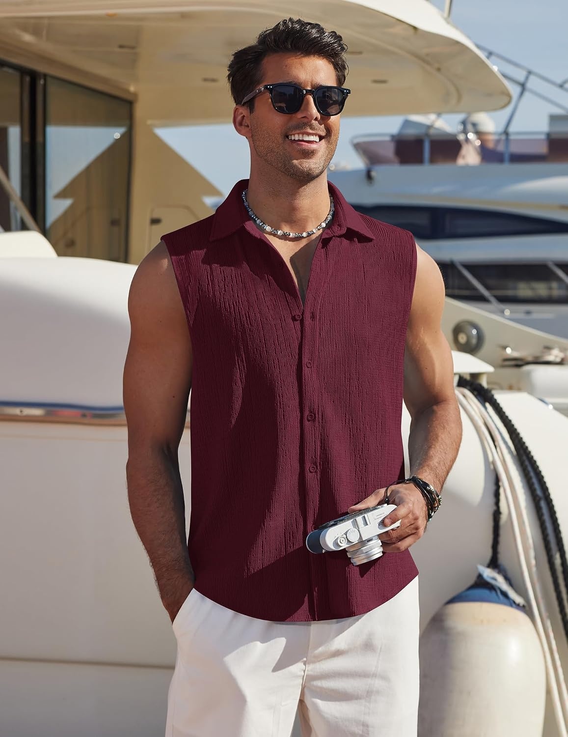 image:imageCOOFANDY Mens Summer Sleeveless Shirts Beach Knit Tank Top Button Up Tops Knitted and Stretchy Textured Fabric Breathable Tank Shirt For Casual Vacation Cruise Fashion Dress Cut Off ShirtsWine Red