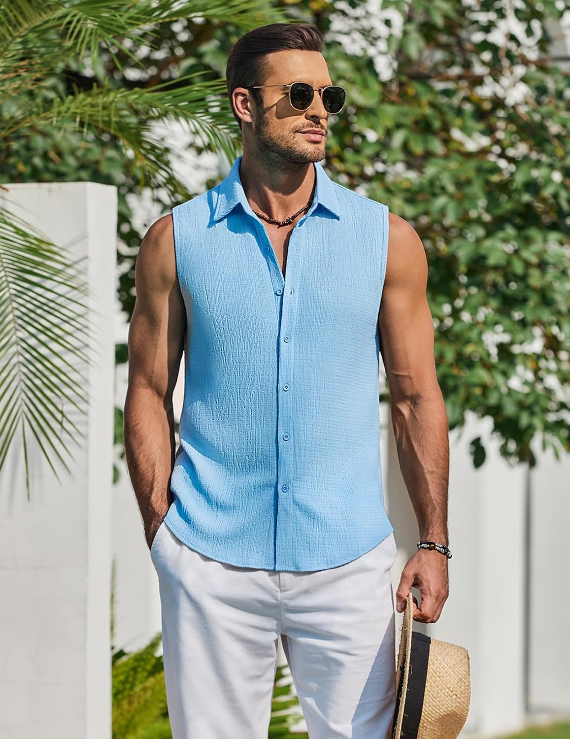 image:imageCOOFANDY Mens Summer Sleeveless Shirts Beach Knit Tank Top Button Up Tops Knitted and Stretchy Textured Fabric Breathable Tank Shirt For Casual Vacation Cruise Fashion Dress Cut Off ShirtsLight Blue