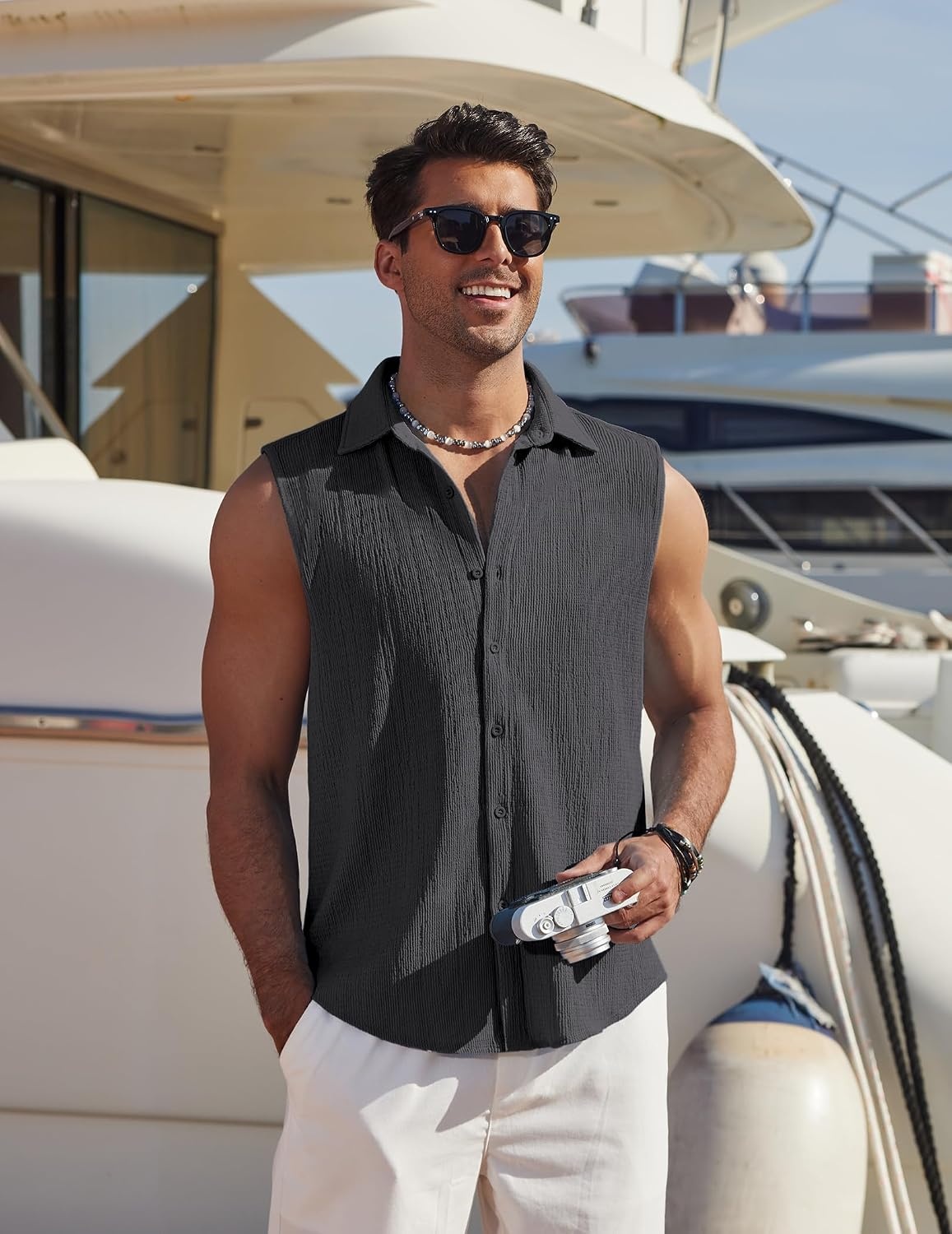 image:imageCOOFANDY Mens Summer Sleeveless Shirts Beach Knit Tank Top Button Up Tops Knitted and Stretchy Textured Fabric Breathable Tank Shirt For Casual Vacation Cruise Fashion Dress Cut Off ShirtsDark Gray