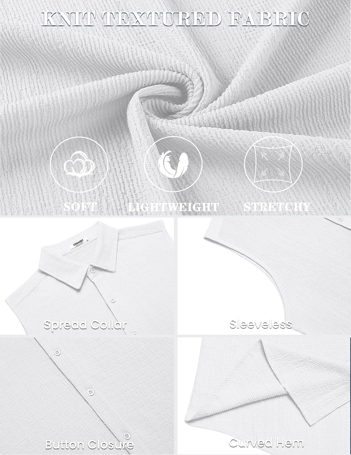 image:imageCOOFANDY Mens Summer Sleeveless Shirts Beach Knit Tank Top Button Up Tops Knitted and Stretchy Textured Fabric Breathable Tank Shirt For Casual Vacation Cruise Fashion Dress Cut Off ShirtsWhite