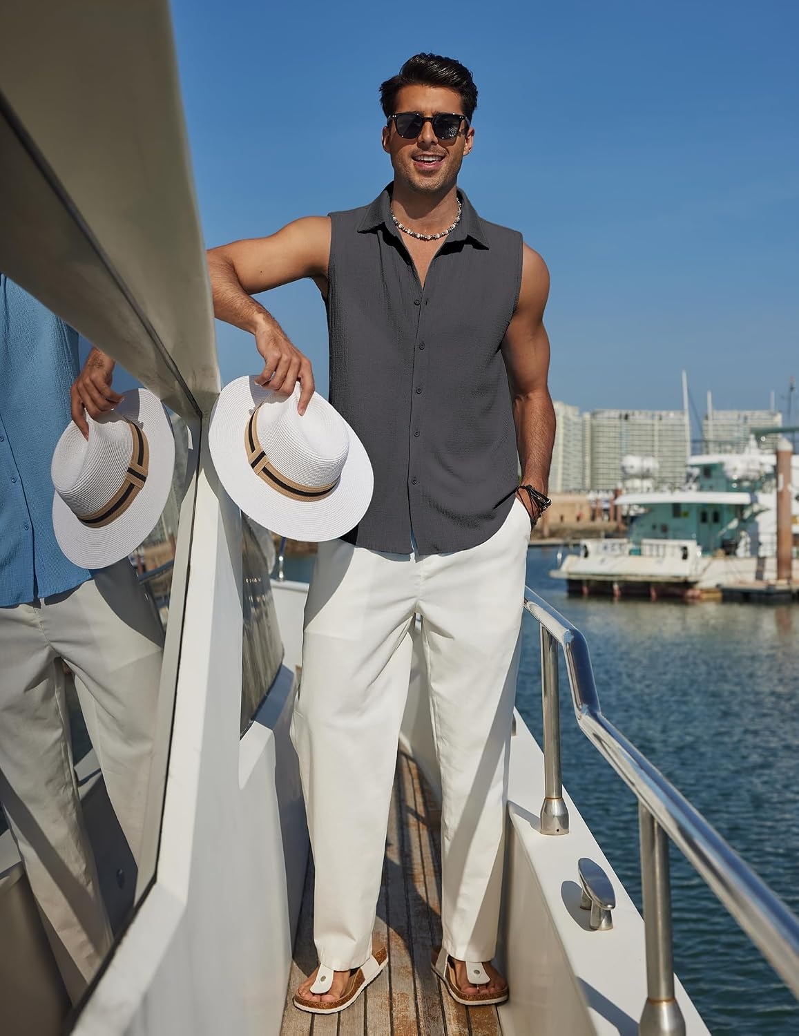 image:imageCOOFANDY Mens Summer Sleeveless Shirts Beach Knit Tank Top Button Up Tops Knitted and Stretchy Textured Fabric Breathable Tank Shirt For Casual Vacation Cruise Fashion Dress Cut Off ShirtsDark Gray