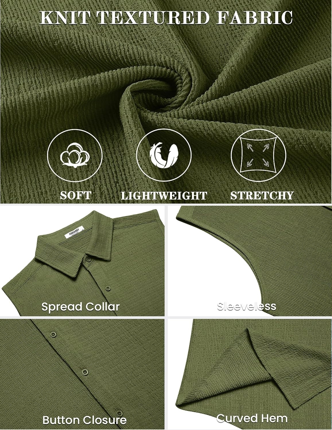 image:imageCOOFANDY Mens Summer Sleeveless Shirts Beach Knit Tank Top Button Up Tops Knitted and Stretchy Textured Fabric Breathable Tank Shirt For Casual Vacation Cruise Fashion Dress Cut Off ShirtsArmy Green