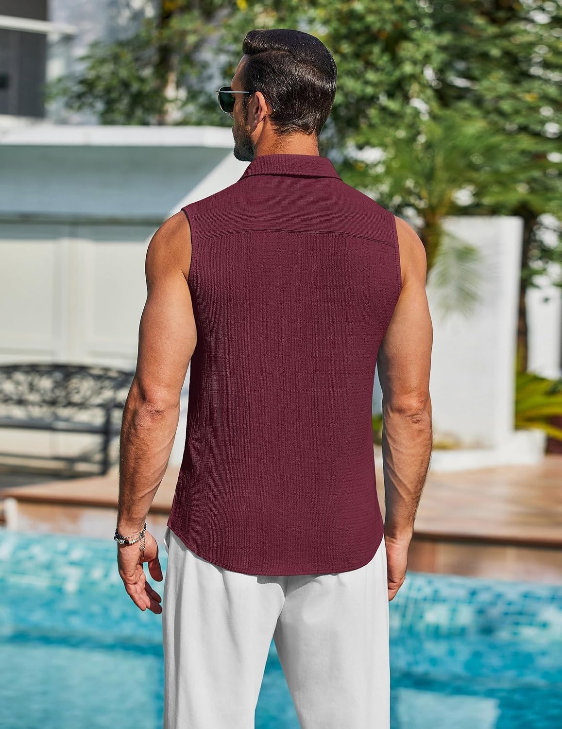 image:imageCOOFANDY Mens Summer Sleeveless Shirts Beach Knit Tank Top Button Up Tops Knitted and Stretchy Textured Fabric Breathable Tank Shirt For Casual Vacation Cruise Fashion Dress Cut Off ShirtsWine Red