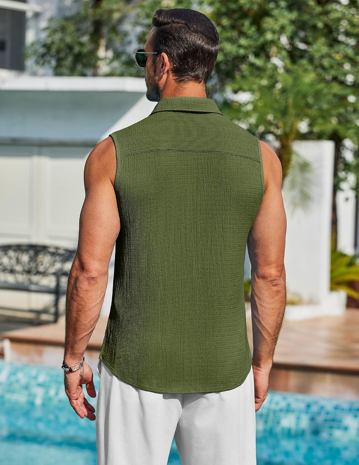 image:imageCOOFANDY Mens Summer Sleeveless Shirts Beach Knit Tank Top Button Up Tops Knitted and Stretchy Textured Fabric Breathable Tank Shirt For Casual Vacation Cruise Fashion Dress Cut Off ShirtsArmy Green