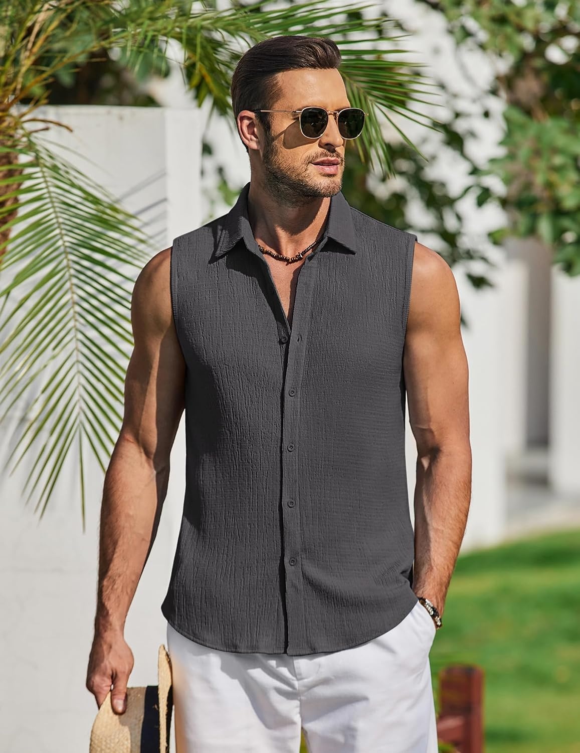 image:imageCOOFANDY Mens Summer Sleeveless Shirts Beach Knit Tank Top Button Up Tops Knitted and Stretchy Textured Fabric Breathable Tank Shirt For Casual Vacation Cruise Fashion Dress Cut Off ShirtsDark Gray