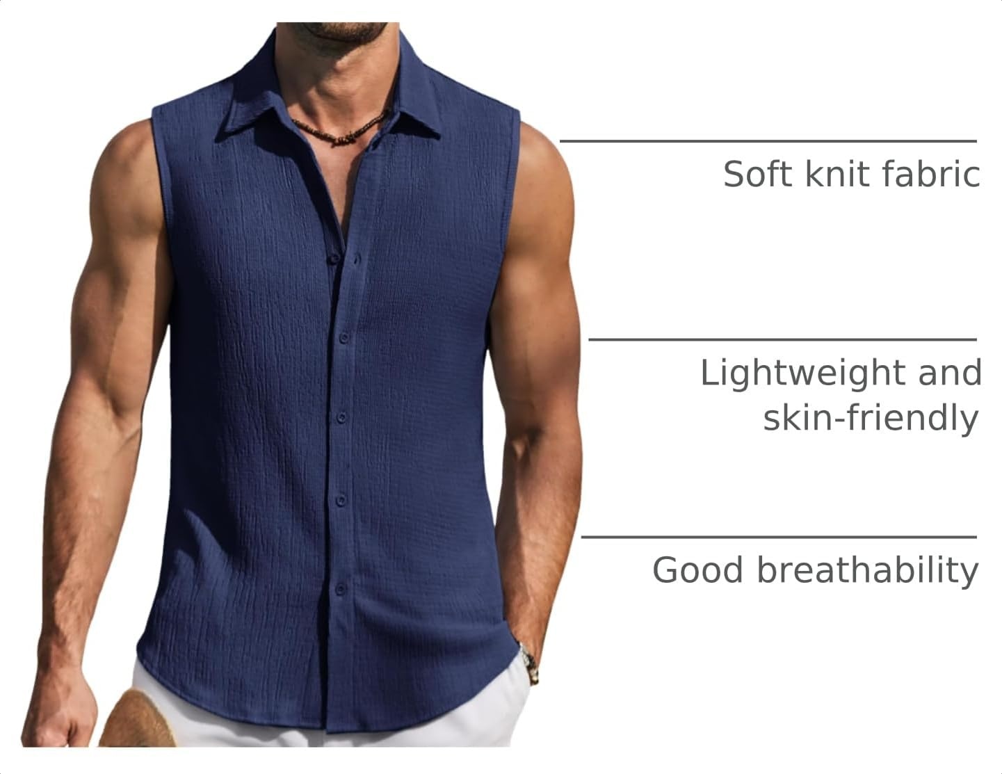 image:imageCOOFANDY Mens Summer Sleeveless Shirts Beach Knit Tank Top Button Up Tops Knitted and Stretchy Textured Fabric Breathable Tank Shirt For Casual Vacation Cruise Fashion Dress Cut Off ShirtsNavy Blue
