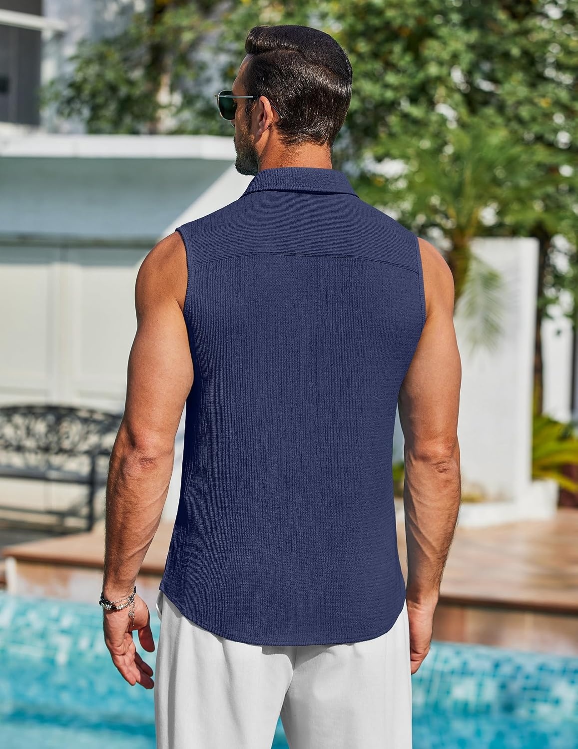 image:imageCOOFANDY Mens Summer Sleeveless Shirts Beach Knit Tank Top Button Up Tops Knitted and Stretchy Textured Fabric Breathable Tank Shirt For Casual Vacation Cruise Fashion Dress Cut Off ShirtsNavy Blue