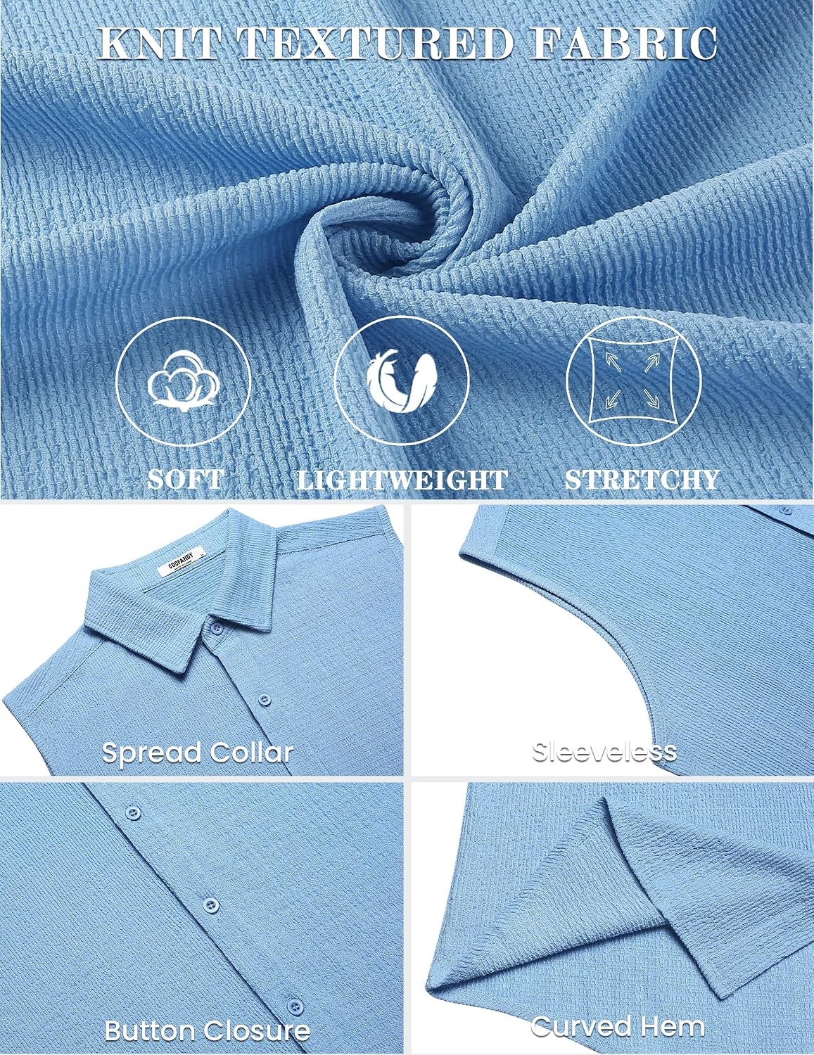 image:imageCOOFANDY Mens Summer Sleeveless Shirts Beach Knit Tank Top Button Up Tops Knitted and Stretchy Textured Fabric Breathable Tank Shirt For Casual Vacation Cruise Fashion Dress Cut Off ShirtsLight Blue