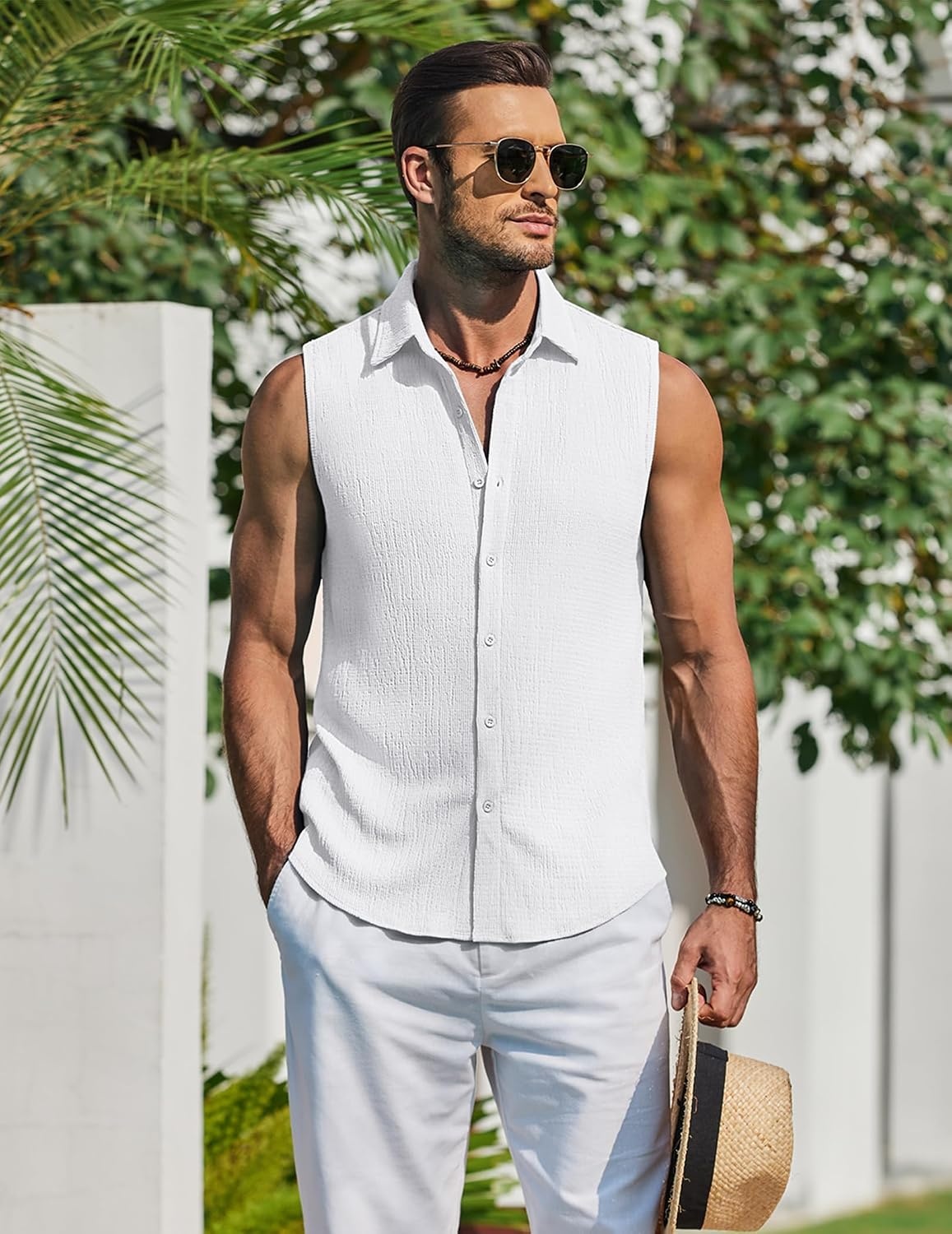 image:imageCOOFANDY Mens Summer Sleeveless Shirts Beach Knit Tank Top Button Up Tops Knitted and Stretchy Textured Fabric Breathable Tank Shirt For Casual Vacation Cruise Fashion Dress Cut Off ShirtsWhite