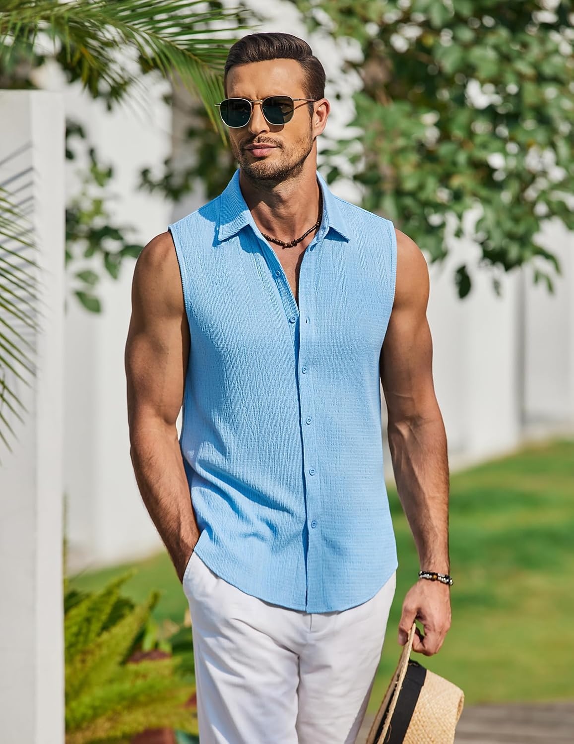image:imageCOOFANDY Mens Summer Sleeveless Shirts Beach Knit Tank Top Button Up Tops Knitted and Stretchy Textured Fabric Breathable Tank Shirt For Casual Vacation Cruise Fashion Dress Cut Off ShirtsLight Blue