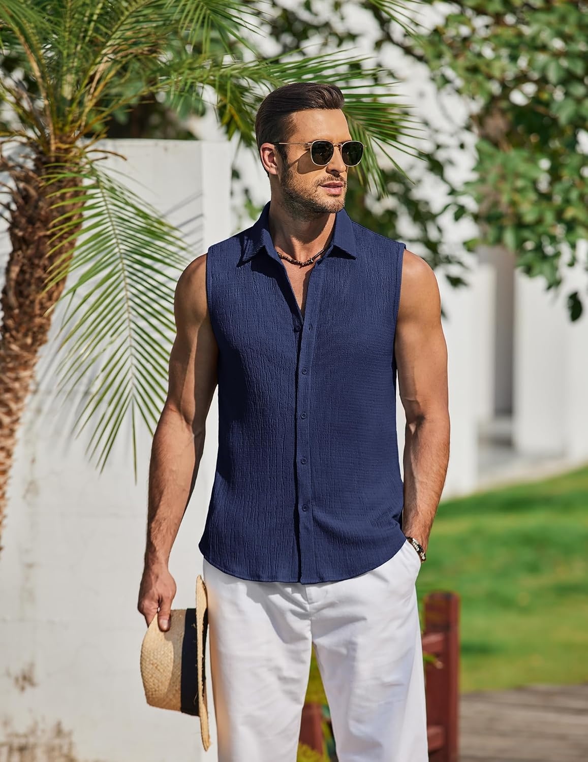 image:imageCOOFANDY Mens Summer Sleeveless Shirts Beach Knit Tank Top Button Up Tops Knitted and Stretchy Textured Fabric Breathable Tank Shirt For Casual Vacation Cruise Fashion Dress Cut Off ShirtsNavy Blue