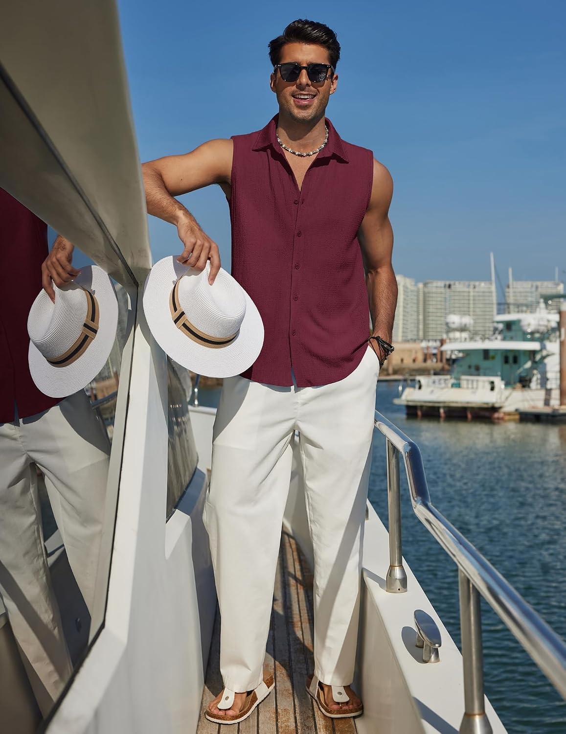 image:imageCOOFANDY Mens Summer Sleeveless Shirts Beach Knit Tank Top Button Up Tops Knitted and Stretchy Textured Fabric Breathable Tank Shirt For Casual Vacation Cruise Fashion Dress Cut Off ShirtsWine Red