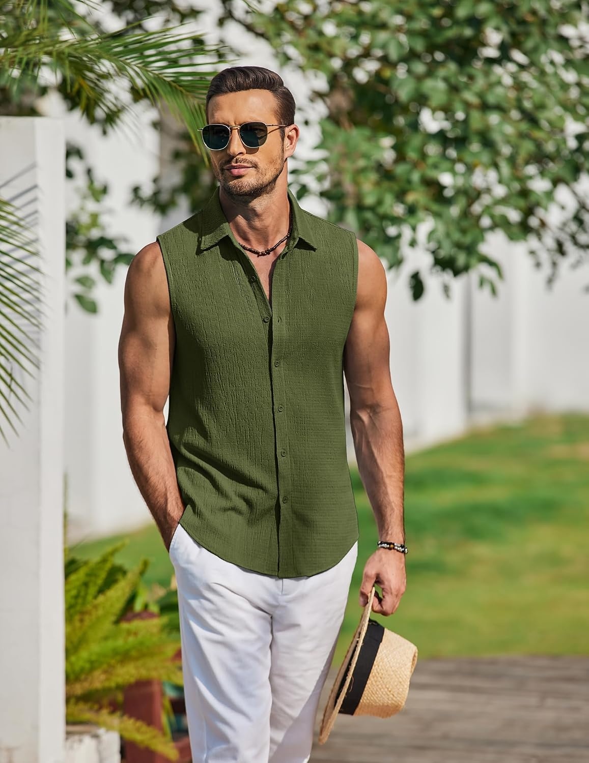 image:imageCOOFANDY Mens Summer Sleeveless Shirts Beach Knit Tank Top Button Up Tops Knitted and Stretchy Textured Fabric Breathable Tank Shirt For Casual Vacation Cruise Fashion Dress Cut Off ShirtsArmy Green