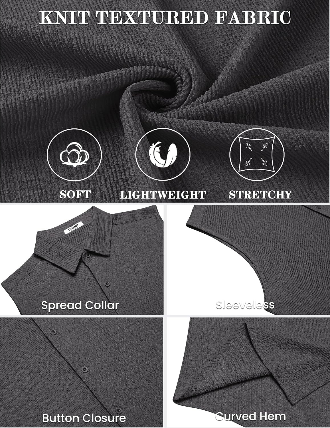 image:imageCOOFANDY Mens Summer Sleeveless Shirts Beach Knit Tank Top Button Up Tops Knitted and Stretchy Textured Fabric Breathable Tank Shirt For Casual Vacation Cruise Fashion Dress Cut Off ShirtsDark Gray
