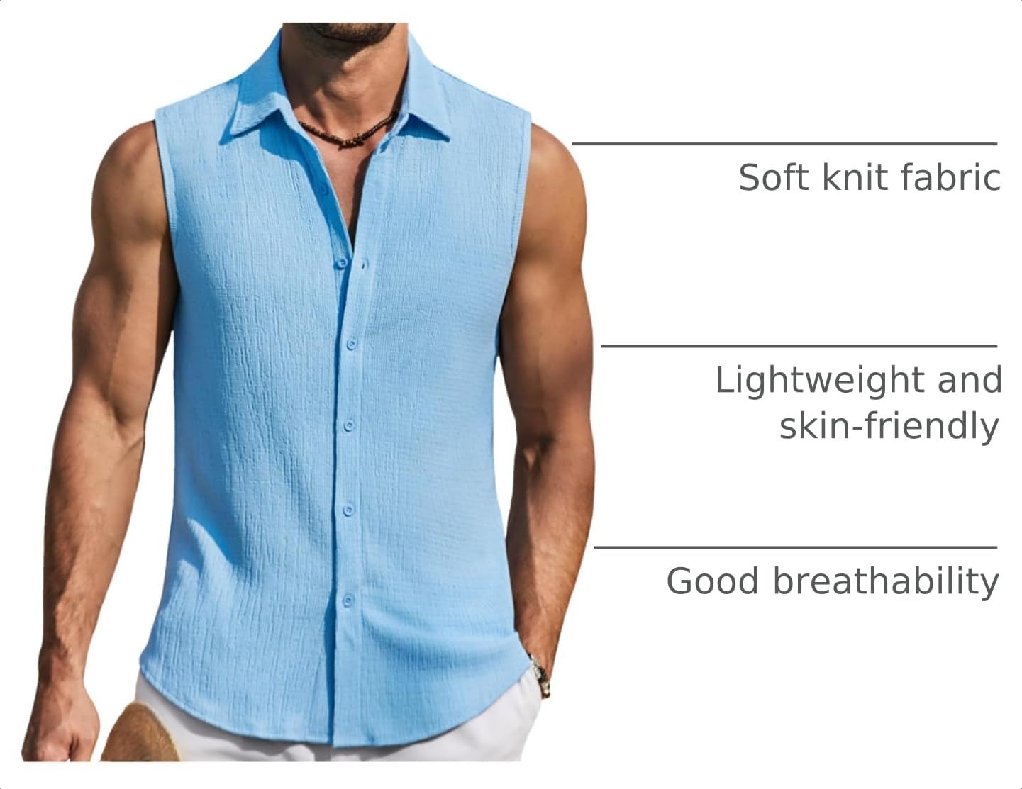 image:imageCOOFANDY Mens Summer Sleeveless Shirts Beach Knit Tank Top Button Up Tops Knitted and Stretchy Textured Fabric Breathable Tank Shirt For Casual Vacation Cruise Fashion Dress Cut Off ShirtsLight Blue
