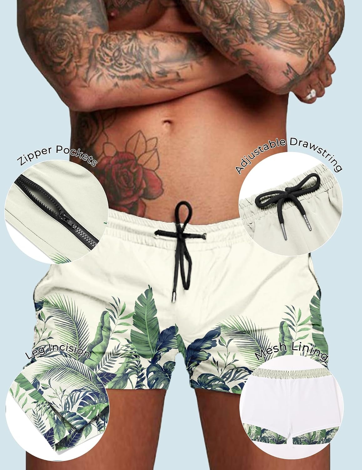 image:imageCOOFANDY Mens Swim Trunk Quick Dry Swimwear Mesh Lining Bathing Suit Two Zippered Pockets Drawstring Swim Shorts for Beach Vacation Party Cruise and Daily Casual WearGreen Leaves