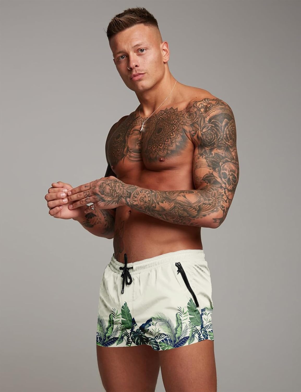 image:imageCOOFANDY Mens Swim Trunk Quick Dry Swimwear Mesh Lining Bathing Suit Two Zippered Pockets Drawstring Swim Shorts for Beach Vacation Party Cruise and Daily Casual WearGreen Leaves