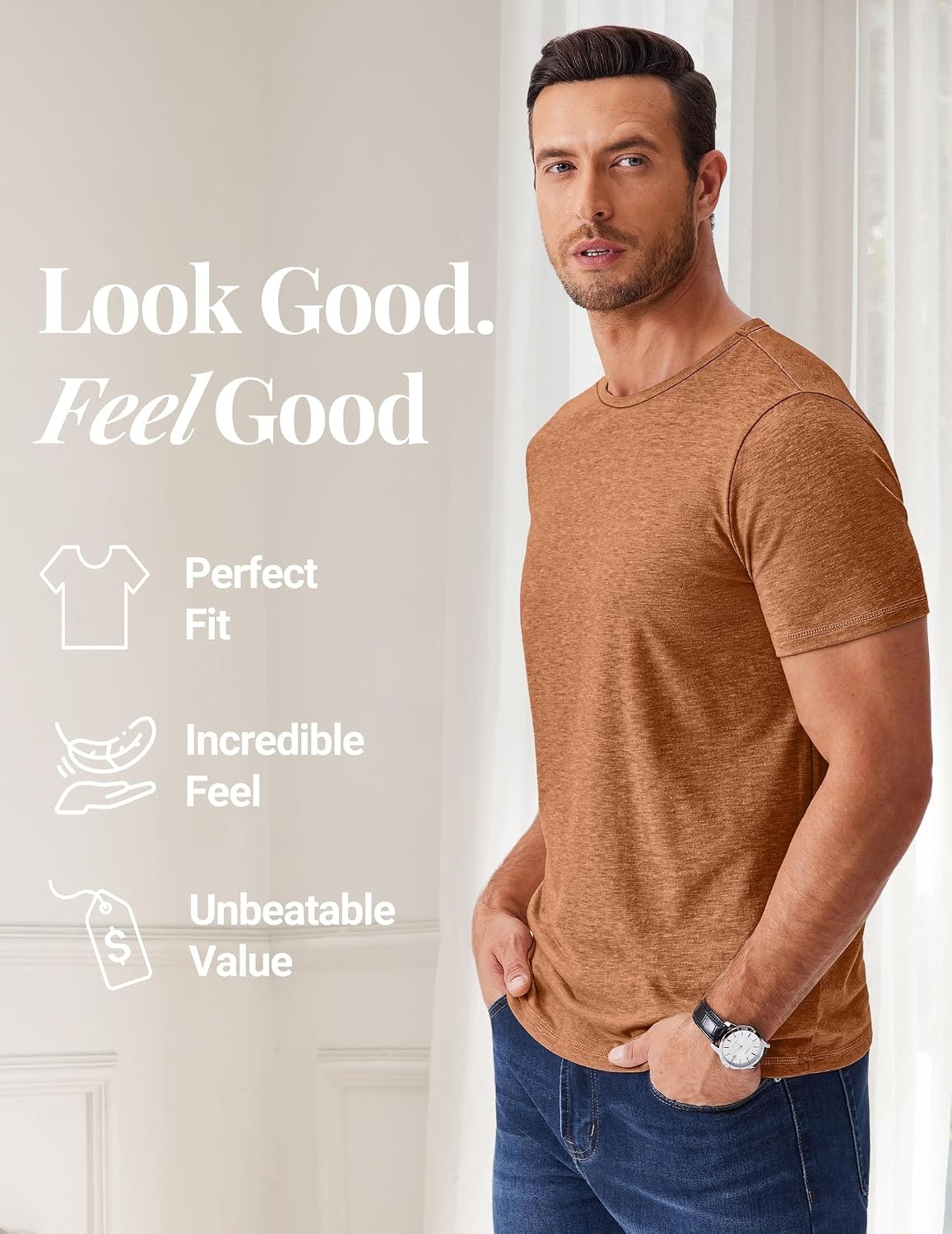 image:imageCOOFANDY Mens T Shirts Short Sleeve Soft Crew Neck Casual Basic Tee Shirts Lightweight breathable fabric basic crewneck design easy to layer or match great for daily wear gifts amp vacationCaramel