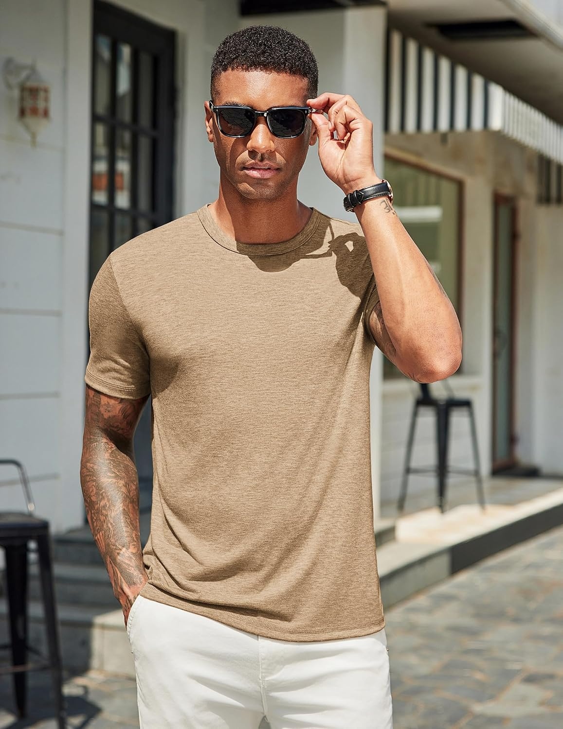 image:imageCOOFANDY Mens T Shirts Short Sleeve Soft Crew Neck Casual Basic Tee Shirts Lightweight breathable fabric basic crewneck design easy to layer or match great for daily wear gifts amp vacationLight Khaki