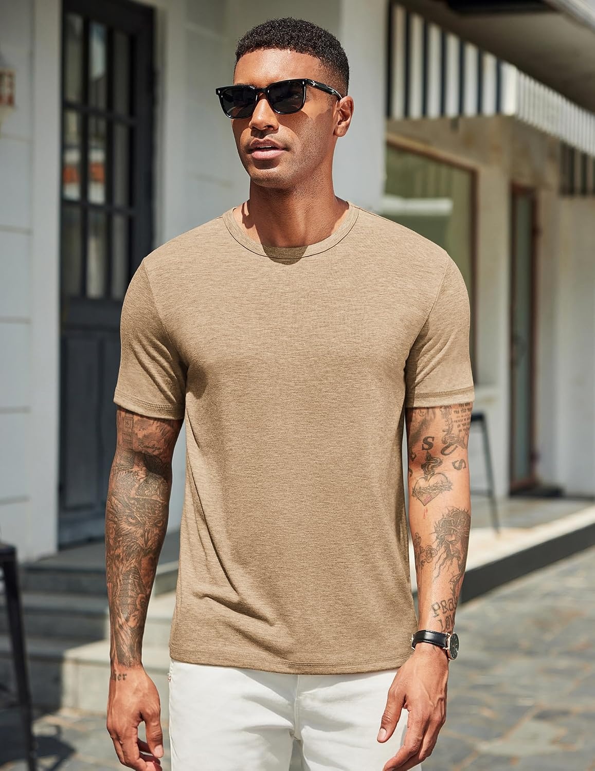 image:imageCOOFANDY Mens T Shirts Short Sleeve Soft Crew Neck Casual Basic Tee Shirts Lightweight breathable fabric basic crewneck design easy to layer or match great for daily wear gifts amp vacationLight Khaki