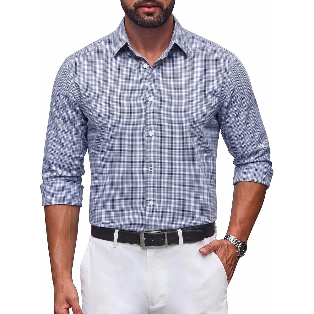 image:imageCOOFANDY Mens Button Down Long Sleeve Plaid Cotton Wrinkle Free Dress Shirt Lightweight Breathable Soft Classic Plaid Wrinkle Resistant Business Office Work Casual Gingham Shirts for All SeasonNavy Blue Gingham