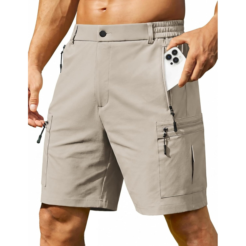 image:imageCOOFANDY Mens Hiking Cargo Shorts 9 Lightweight Short with Zipper Pockets 5 Zipper Pockets Lightweight Quick Dry Breathable Stretch Fabric Hiking Camping Climbing Work Elastic Waist Spring SummerLight Khaki