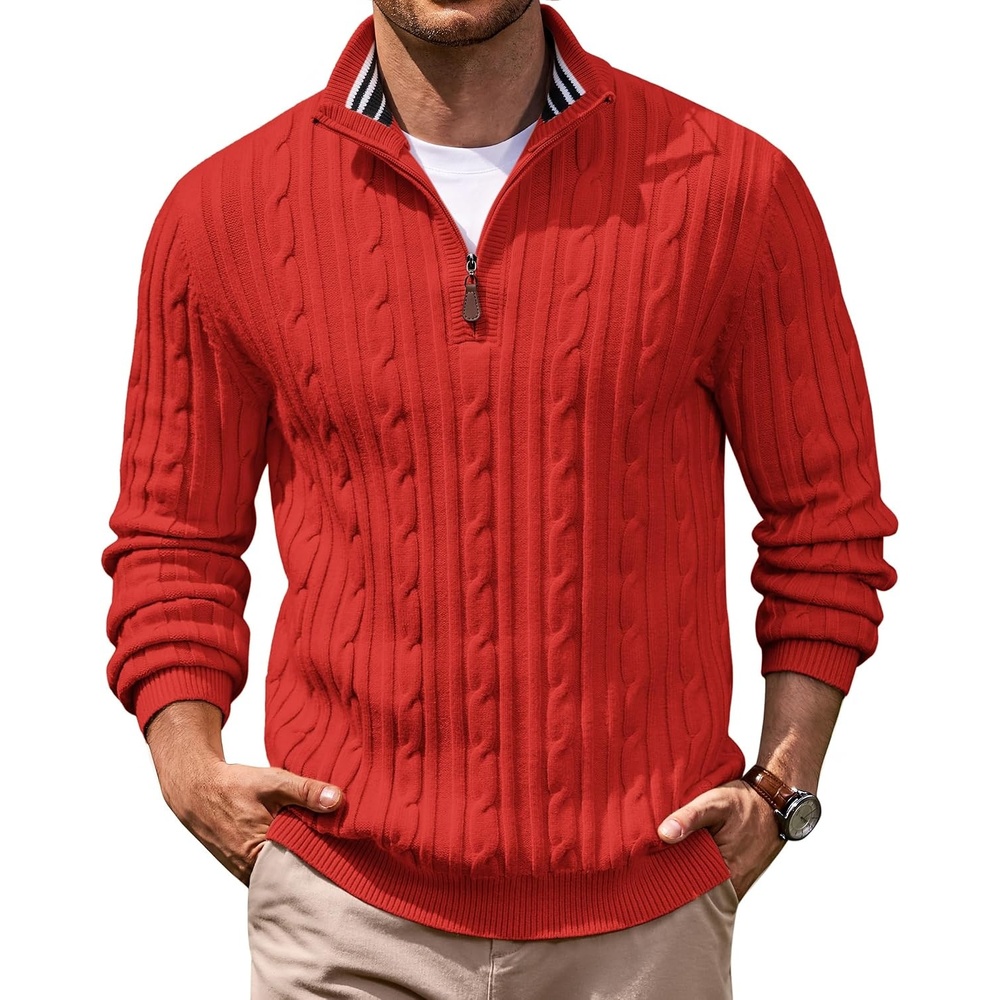 image:imageCOOFANDY Mens Quarter Zip Pullover Cable Knit Mock Neck Dress Sweater  Quarter Zip Design Cable Knit Texture Mock Neck Collar Business Casual Style Fall Winter LayeringRed
