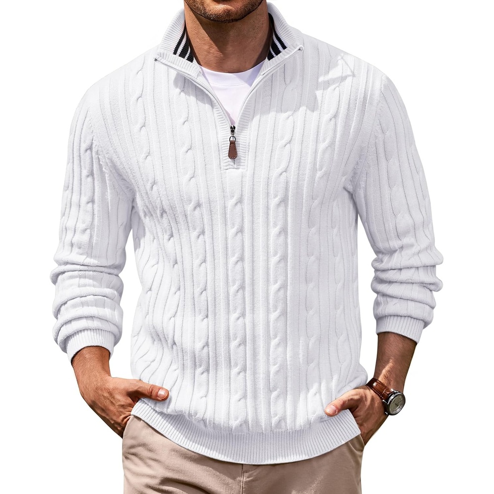 image:imageCOOFANDY Mens Quarter Zip Pullover Cable Knit Mock Neck Dress Sweater Quarter Zip Design Cable Knit Texture Mock Neck Collar Business Casual Style Fall Winter LayeringWhite