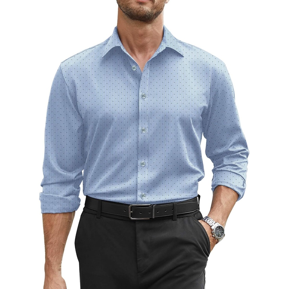 image:imageCOOFANDY Mens Stretch Dress Shirts Long Sleeve Button Down Shirt Regular Fit Formal Business ShirtsBlue Stripeblack Dot