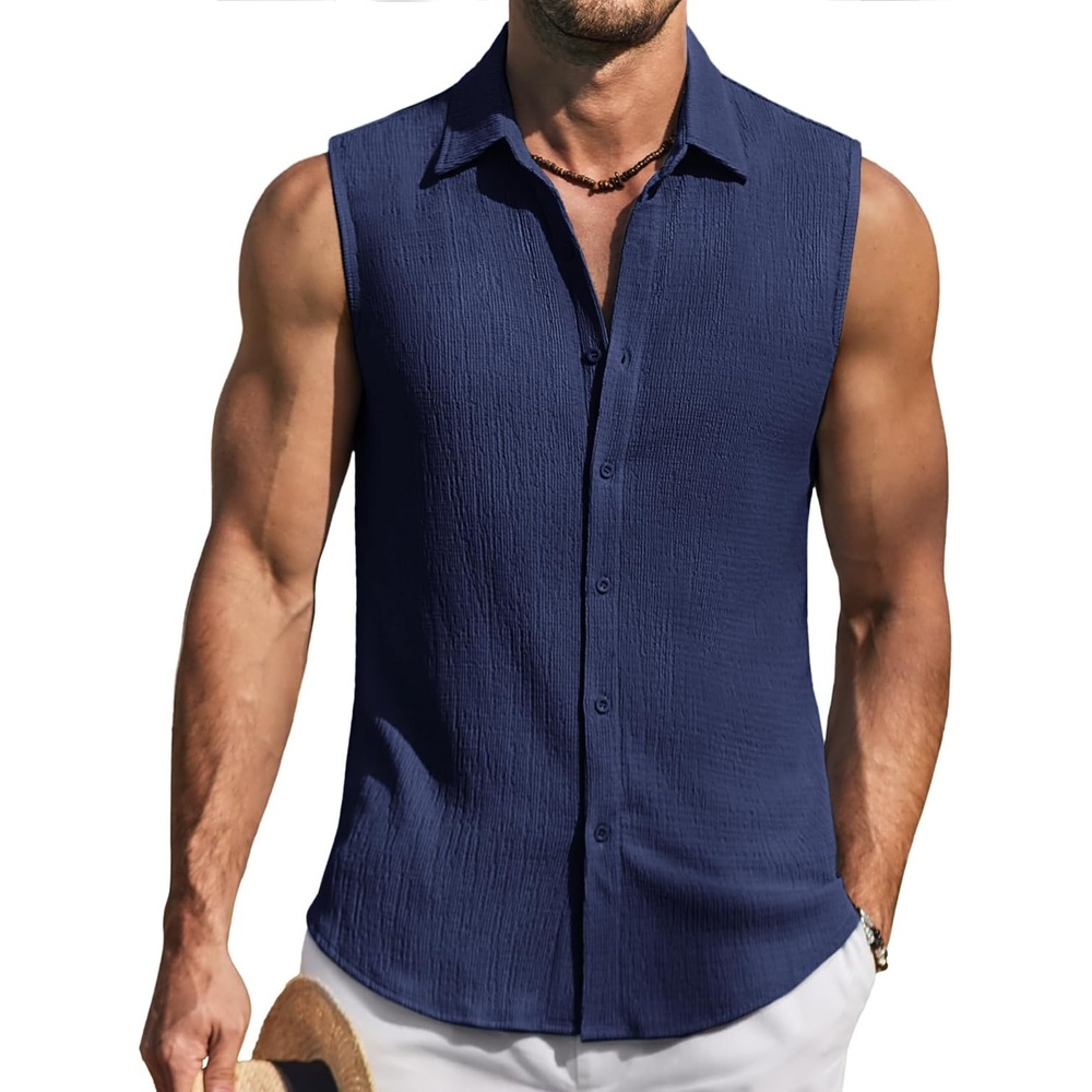image:imageCOOFANDY Mens Summer Sleeveless Shirts Beach Knit Tank Top Button Up Tops Knitted and Stretchy Textured Fabric Breathable Tank Shirt For Casual Vacation Cruise Fashion Dress Cut Off ShirtsNavy Blue