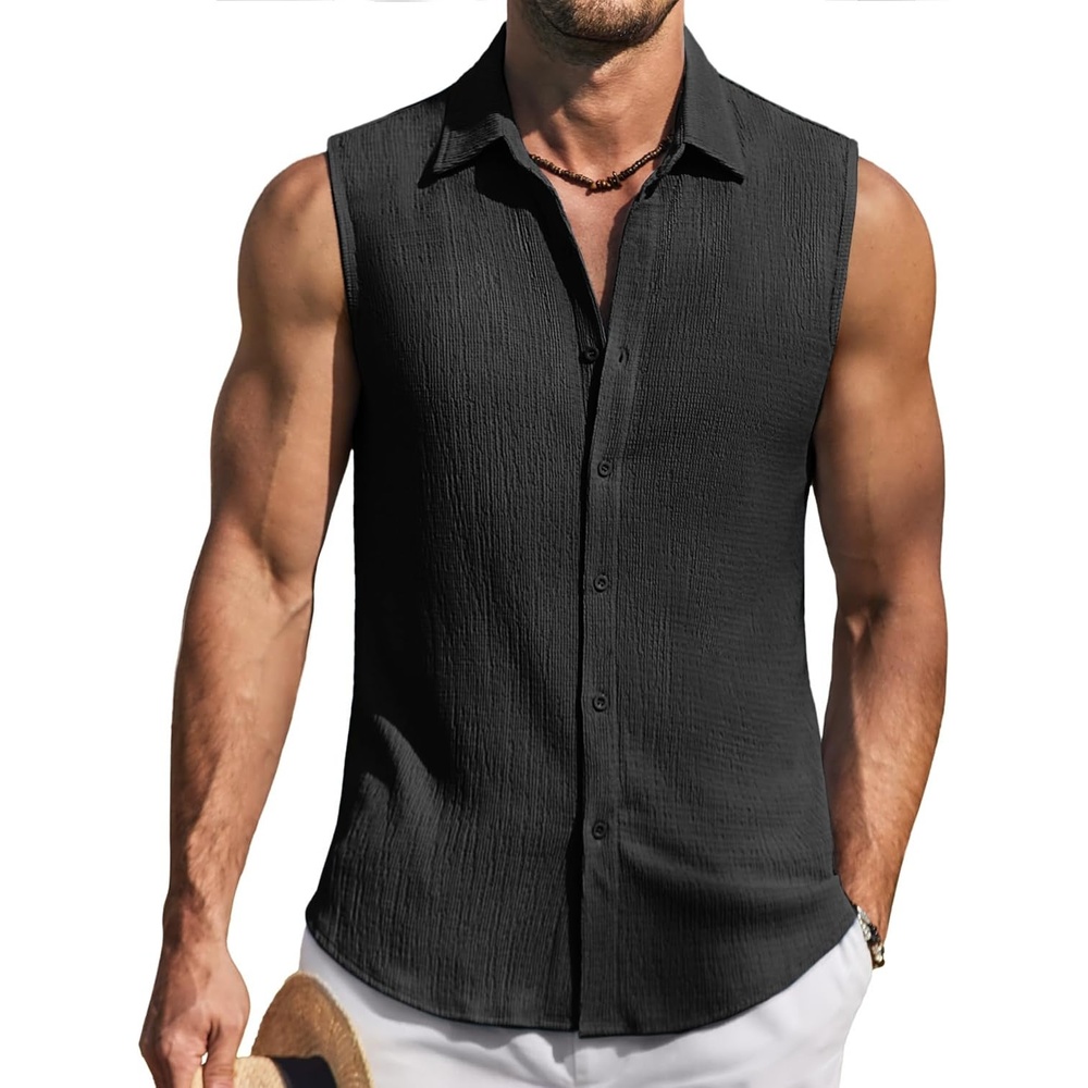 image:imageCOOFANDY Mens Summer Sleeveless Shirts Beach Knit Tank Top Button Up Tops Knitted and Stretchy Textured Fabric Breathable Tank Shirt For Casual Vacation Cruise Fashion Dress Cut Off ShirtsBlack