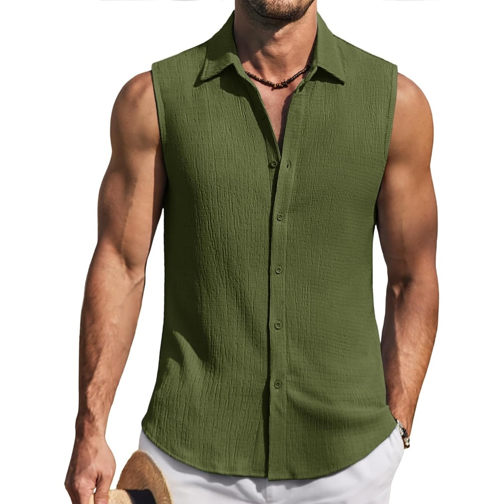 image:imageCOOFANDY Mens Summer Sleeveless Shirts Beach Knit Tank Top Button Up Tops Knitted and Stretchy Textured Fabric Breathable Tank Shirt For Casual Vacation Cruise Fashion Dress Cut Off ShirtsArmy Green