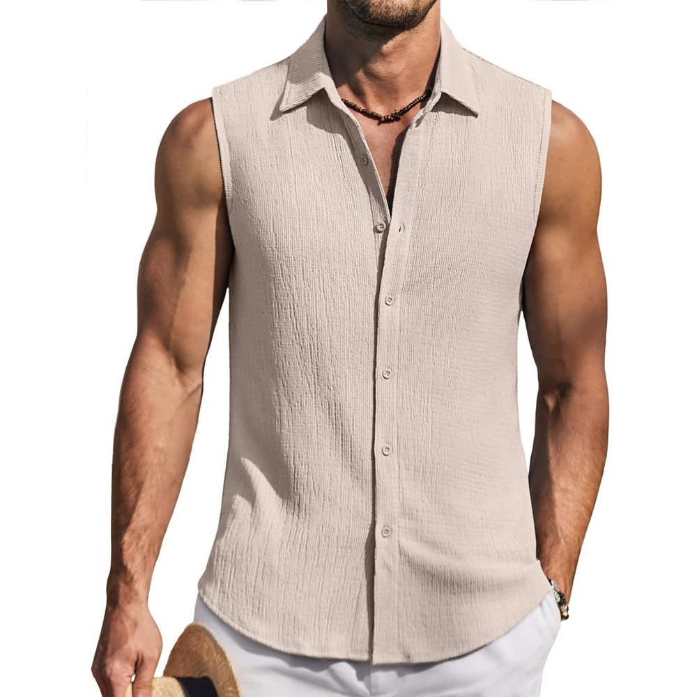 image:imageCOOFANDY Mens Summer Sleeveless Shirts Beach Knit Tank Top Button Up Tops Knitted and Stretchy Textured Fabric Breathable Tank Shirt For Casual Vacation Cruise Fashion Dress Cut Off ShirtsKhaki