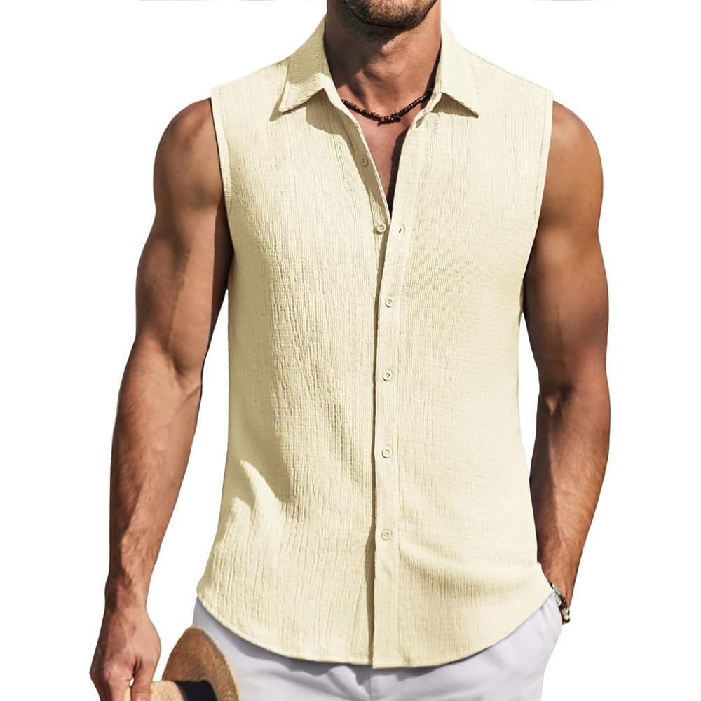 image:imageCOOFANDY Mens Summer Sleeveless Shirts Beach Knit Tank Top Button Up Tops Knitted and Stretchy Textured Fabric Breathable Tank Shirt For Casual Vacation Cruise Fashion Dress Cut Off ShirtsCream