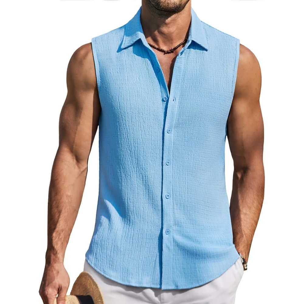 image:imageCOOFANDY Mens Summer Sleeveless Shirts Beach Knit Tank Top Button Up Tops  Knitted and Stretchy Textured Fabric Breathable Tank Shirt For Casual Vacation Cruise Fashion Dress Cut Off ShirtsLight Blue