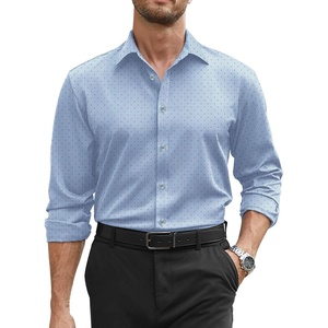 COOFANDY Mens Stretch Dress Shirts Long Sleeve Button Down Shirt Regular Fit Formal Business Shirts(Blue Stripe-black Dot)