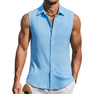 COOFANDY Men’s Summer Sleeveless Shirts Beach Knit Tank Top Button Up Tops | Knitted and Stretchy Textured Fabric, Breathable Tank Shirt For Casual Vacation Cruise, Fashion Dress Cut Off Shirts(Light Blue)